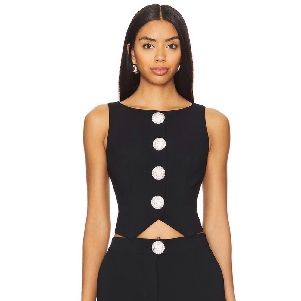 MAJORELLE Black Sleeveless Crop Top with Decorative Buttons
